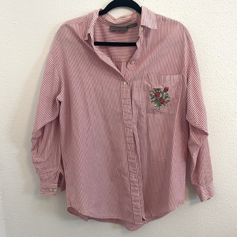 Liz Baker Sport Pink and White Striped Floral Embroidered Button Down